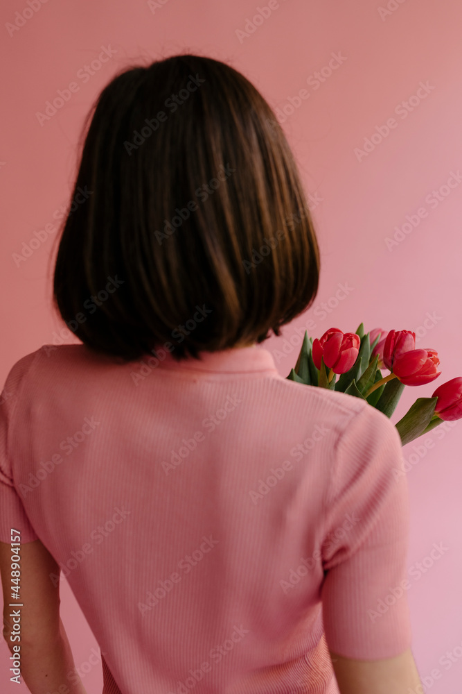 model on pink with tulips model on pink with tulips