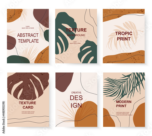 Mid century modern art print card templates with tropical leaves and lines.