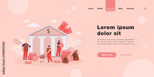 Tiny people depositing or taking money from government bank. Flat vector illustration. People taking or paying off loan standing with coins near courthouse. Payment, credit, finance, business concept