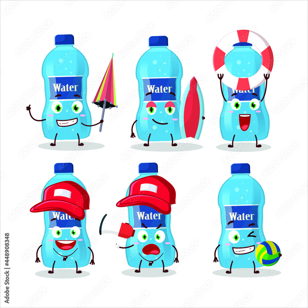 Naklejka premium Happy Face water bottle cartoon character playing on a beach. Vector illustration