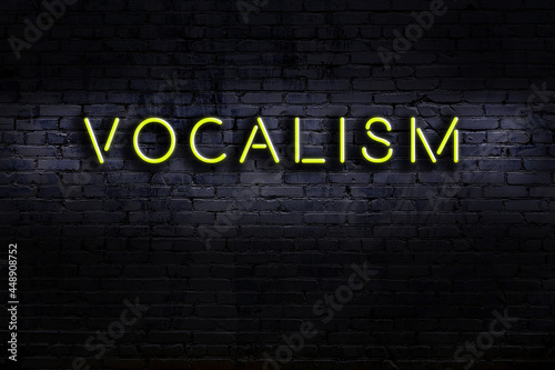 Night view of neon sign on brick wall with inscription vocalism photo