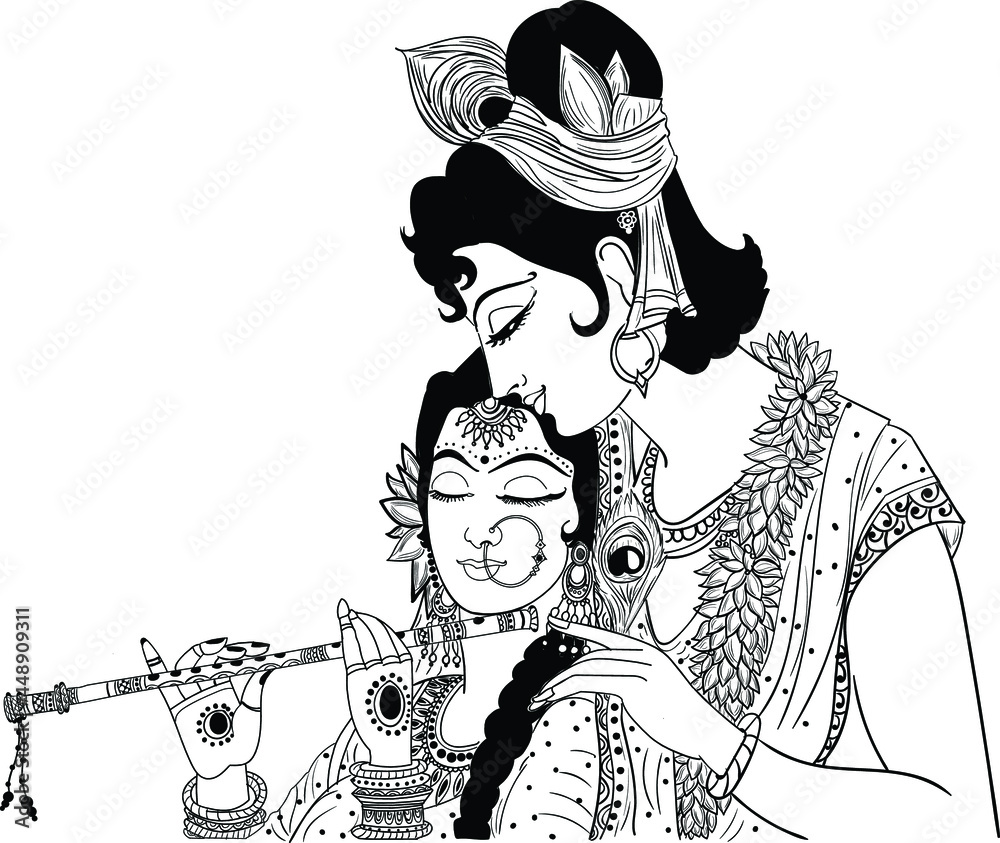 Happy janmashtami festival holiday - lord krishna playing bansuri (flute)  with radha, hand drawn sketch vector illustration. | CanStock
