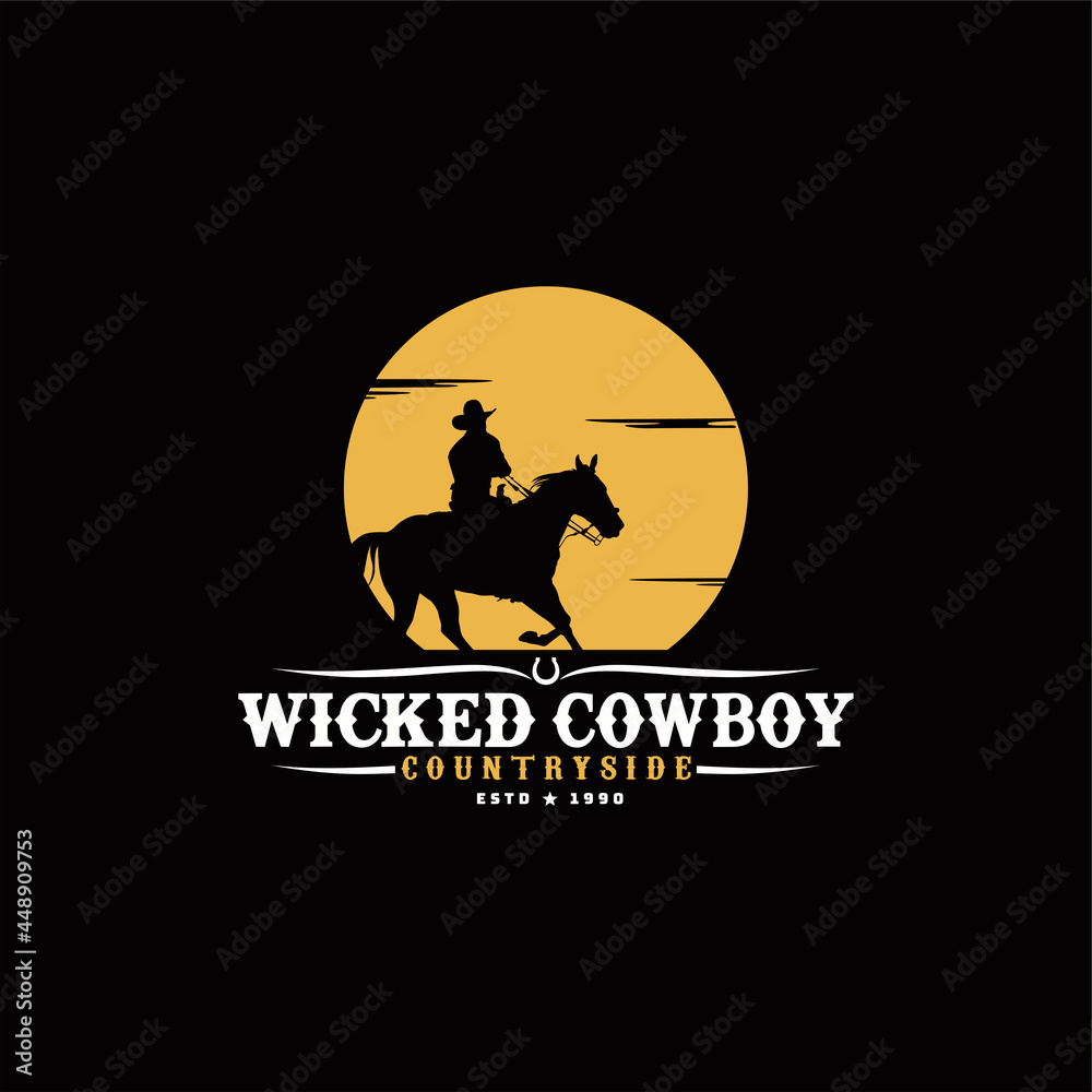 Cowboy Riding Horse Silhouette at Sunset Sun-Moon logo design illustration, for your business or company
