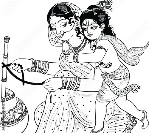Indian god Lord Krishna playing with their mother Yasodha to get the  butter, black and white clip art. Indian god little Krishna black and white  wedding clip art symbol. Krishna Janmashthmi clip