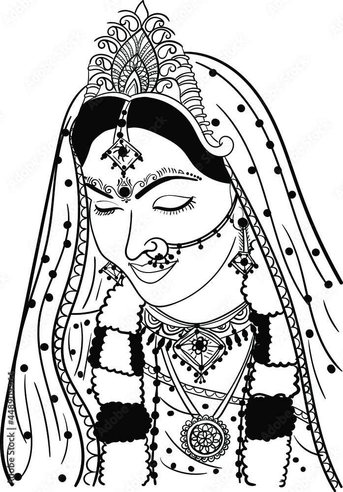 Indian wedding clip art of women or bride doing makeup black and white ...