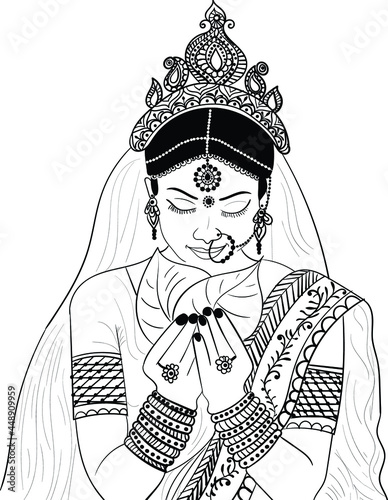 Indian wedding clip art of women or bride doing makeup black and white symbol Fototapet