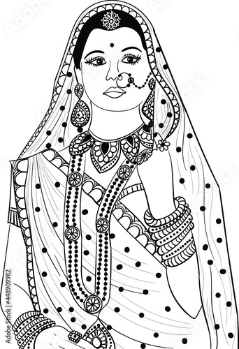 Fotografia, Obraz Indian wedding clip art of women or bride doing makeup black and white symbol