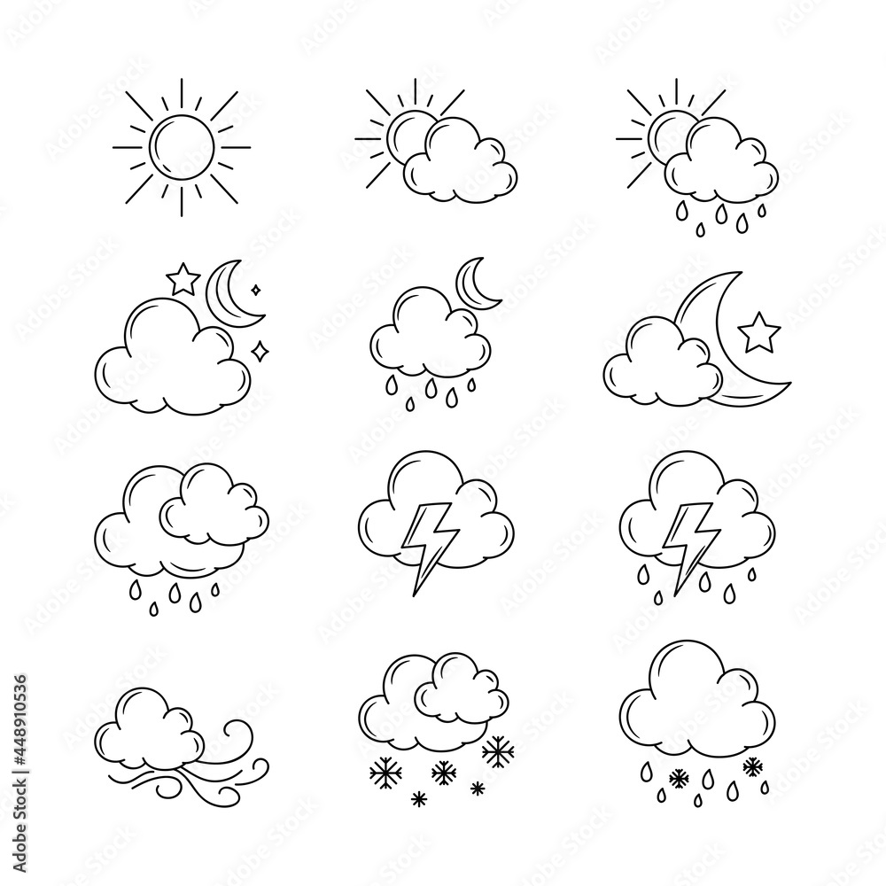 Set of Weather vector illustration with simple hand drawn sketching style Set of Weather vector illustration with simple hand drawn sketching style