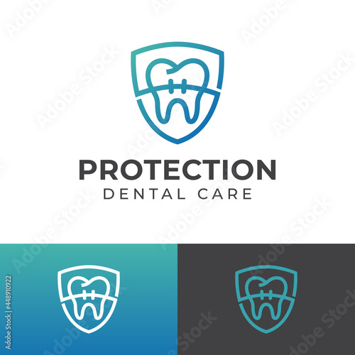 protection of healthy teeth with braces and shield symbol for dental care or dentists logo design