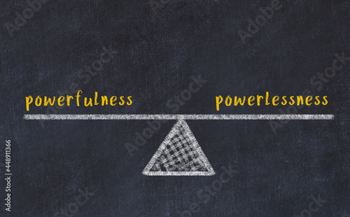 Balance between powerfulness and powerlessness. Chalkboard drawing.