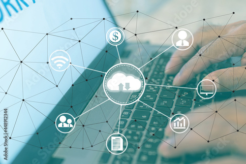 Cloud digital icons link together with other that represent global networking for business and technology idea.