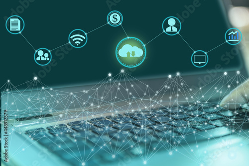 Cloud digital icons link together with other that represent global networking for business and technology idea.