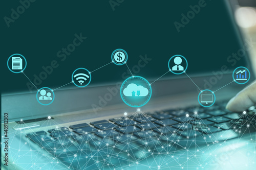 Cloud digital icons link together with other that represent global networking for business and technology idea.