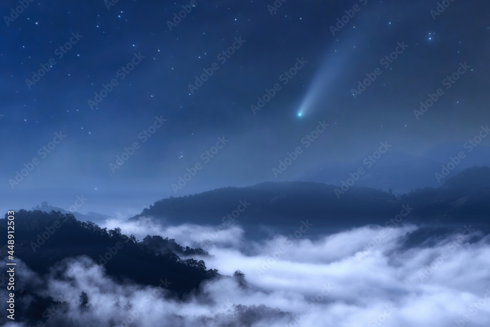 The sea of fog at night in the forest in the sky with meteors.