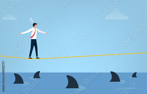 Business risk concept. Businessman walking on tightrope with fear of sharks symbol vector illustration
