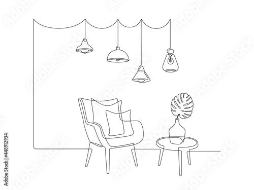 Continuous one line drawing of armchair and table with vase with monstera leaf and Hanging pendant Loft lamps. Scandinavian stylish furniture in simple Linear style. Doodle vector illustration