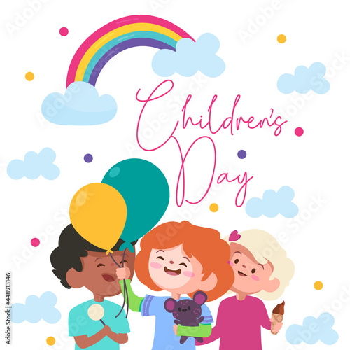 celebration of children day with colorful rainbow with the blue clouds and three kids with green and yellow balloon
