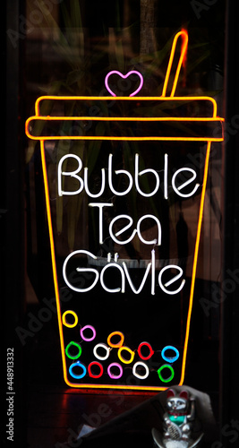 Gavle, Norrland Sweden - July 13, 2021: neon sign advertising tea with bubbles photo