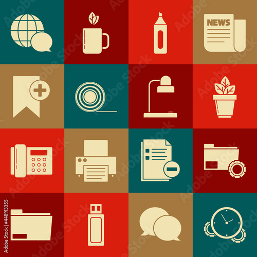 Set Time Management, Folder settings with gears, Flowers pot, Marker pen, Scotch, Bookmark, World map made from speech bubble and Table lamp icon. Vector
