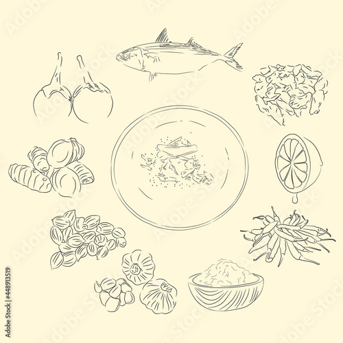 Kuah Boh Eungkot Illustration Sketch And Ingredients Traditional Food From Aceh, Good to use for food element print. Indonesian cuisine, recipe book, and food element concept. photo
