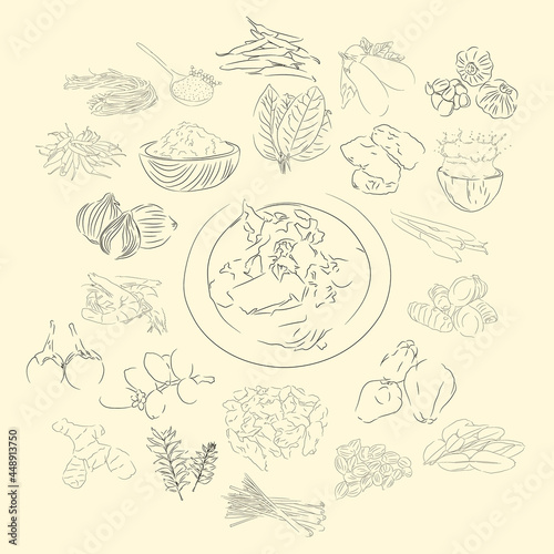 Kuah Pliek U And Ingredients Illustration Sketch Style, Traditional Food From Aceh, Good to use for restaurant menu. Indonesian cuisine, recipe book, and food element concept.