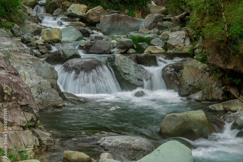 clean and natural freshwater river surrounded by green bushes and trees in the rain forest on the Ena hill in Costa Rica