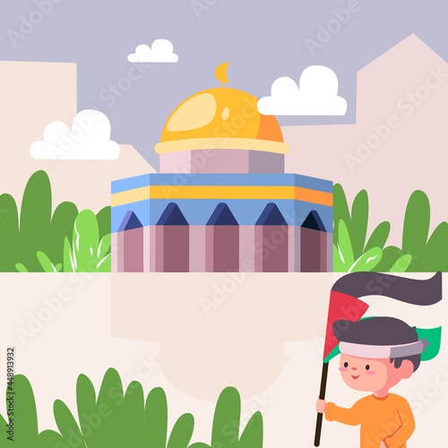 a patriotic child with free palestine flag that colored green red black and white, aqsa mosque with the dome, many trees and beautiful white clouds