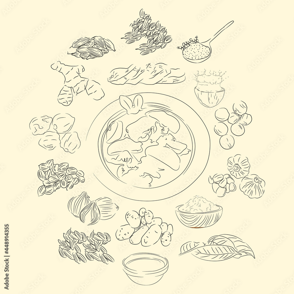 Sie Masak Puteh And Ingredients Illustration Sketch Style, Traditional Food From Aceh, Good to use for restaurant menu. Indonesian cuisine, recipe book, and food element concept.