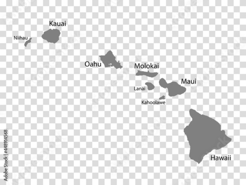 Blank map Hawaii in gray. Every Island map is with titles. High quality map of  Hawaii Islands on transparent background for your  design.  United States of America. EPS10.