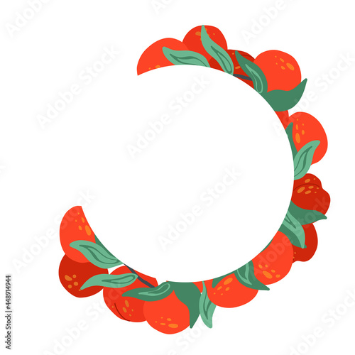 Semicircular frame with nectarine, foliage and place for text. Circle border with summer cartoon sweet berries for menu. Vector flat template with fruits, leaves and copy space for card and banner