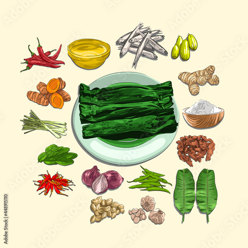 Payeh Engkout And Ingredients Illustration, Sketch And Vector Style, Traditional Food From Aceh, Good to use for restaurant menu. Indonesian cuisine, recipe book, and food element concept.