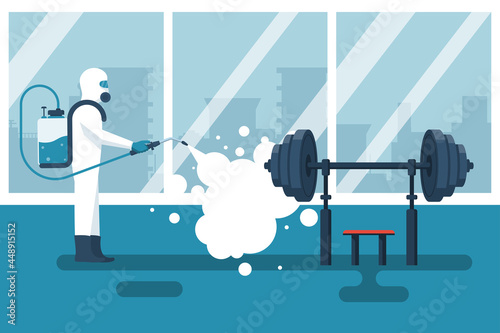 Disinfection gym. Cleaning fitness center. Prevention of covid 2019. Specialist in hazmat suit disinfecting coronavirus. Vector illustration flat design. Isolated background. Disinfection of workplace