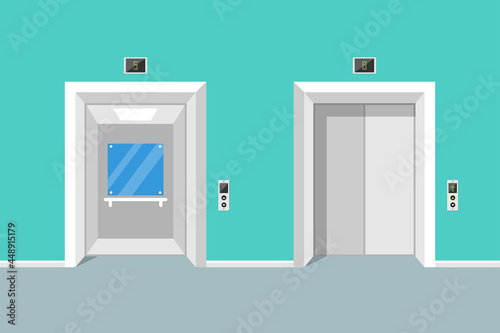 Open elevator door. Closed elevator door. Vector illustration flat design. Isolated on white background. Template for design. Easy to edit, group by layers. © hvostik16