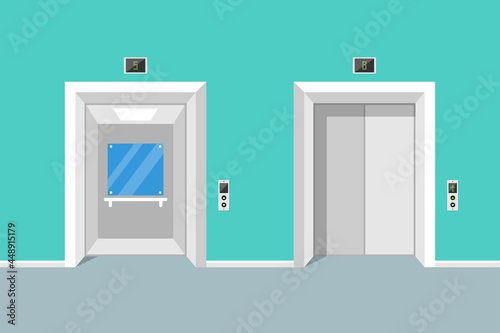 Open elevator door. Closed elevator door. Vector illustration flat design. Isolated on white background. Template for design. Easy to edit, group by layers.