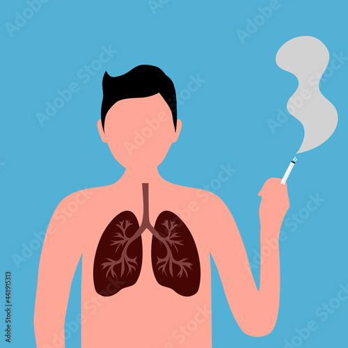 Man smoking with damaged lung in flat design. Stop smoking campaign. Lung cancer disease. World no tobacco day.