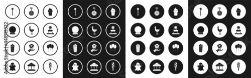 Set Ice cream in waffle cone, Riding kid duck, Magic ball, wand, Attraction carousel, Unicycle or wheel bicycle, Balloons with ribbon and Popcorn cardboard box icon. Vector