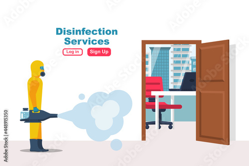 Disinfection of office room. Prevention of covid 2019. Specialist in hazmat suit cleaning disinfecting coronavirus. Vector illustration flat design. Isolated background. Disinfection of the workplace.