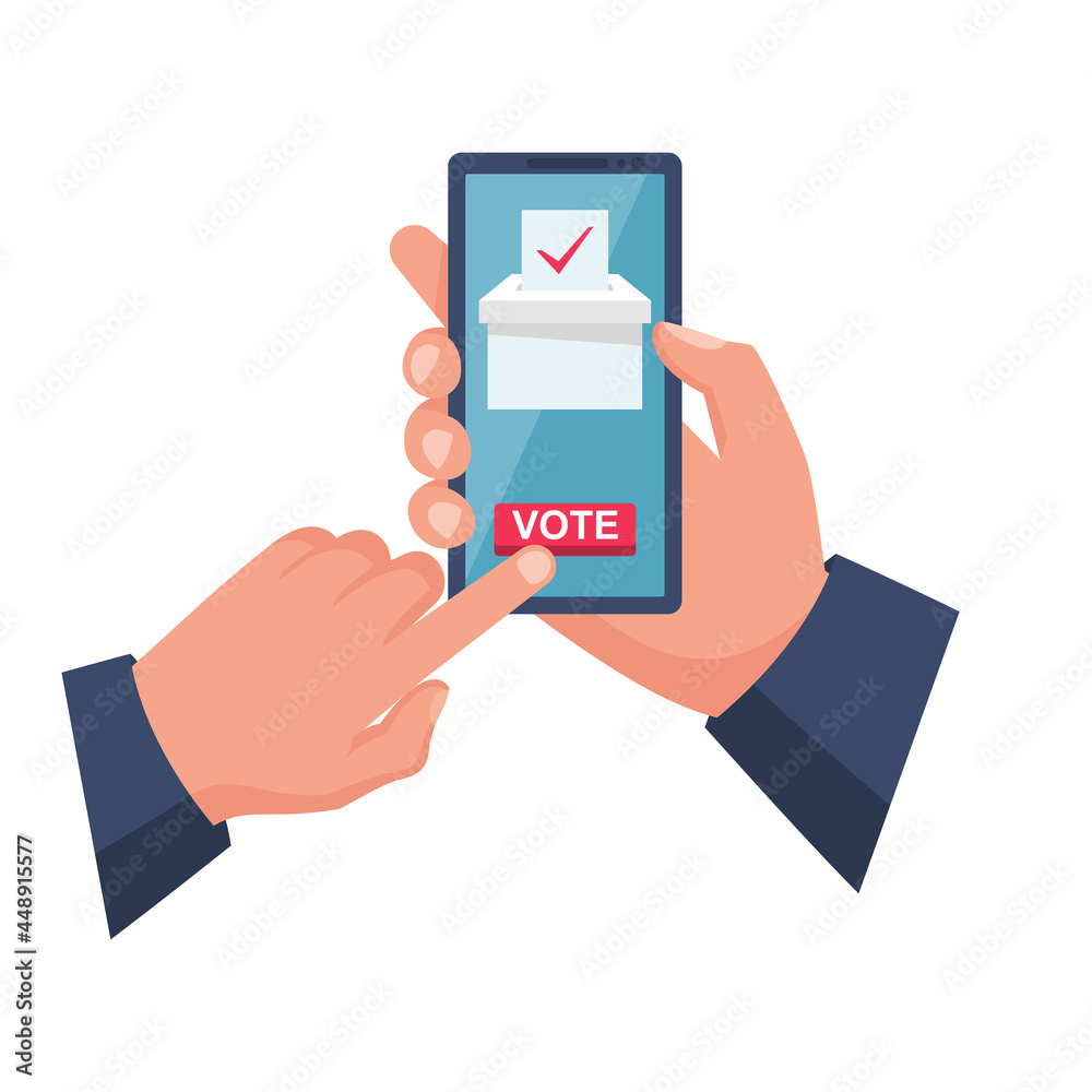 Online voting concept. Vector illustration flat design style. A man holds a smartphone in his hand. Make your choice. Bulletin, puts in ballot box. Election vote. Politics poll. Online voting concept. Vector illustration flat design style. A man holds a smartphone in his hand. Make your choice. Bulletin, puts in ballot box. Election vote. Politics poll.