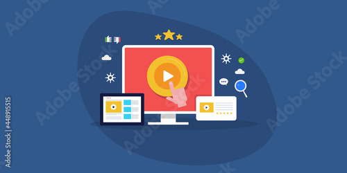 Video content review, user generated content, content curation, high quality video content review and collection, online video content feedback testimonial concept. Flat design web banner template.