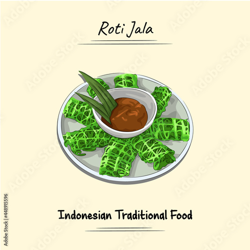Roti Jala Illustration Sketch And Vector Style, Traditional Food From Aceh, Good to use for restaurant menu, recipe book, indonesian cuisine and food concept.