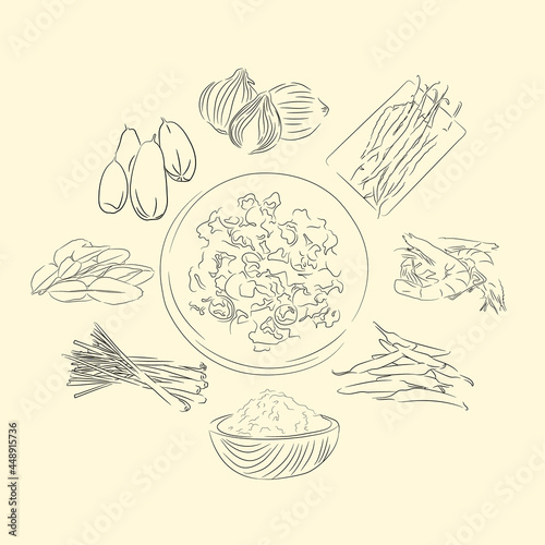 Sambal Asam Udeung And Ingredients Illustration Sketch Style  Traditional Food From Aceh  Good to use for restaurant menu. Indonesian cuisine  recipe book  and food element concept.