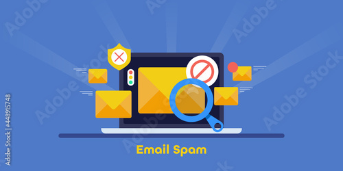 Incoming spam email inbox. Lots of spam email on laptop screen, spam email notification, warning, digital hacking phishing attack concept. Flat design modern illustration. photo