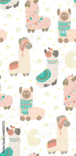 Cute childish pattern with constellations of lamas on white background. Animalistic gentle texture with stars and crescent moon on white background. Alpacas with warm clothes with tribal decoration