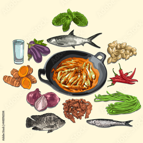 Depik Pengat And Ingredients Illustration, Sketch And Vector Style, Traditional Food From Aceh. Indonesian cuisine, recipe book, and food element concept. photo