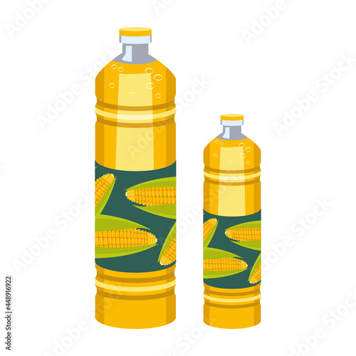 A bottle of corn oil. Plastic transparent packaging with yellow liquid. Source of vitamins, salad dressing