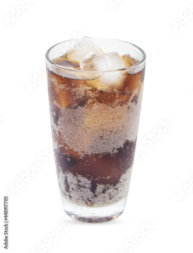 Fresh soft drink brown or black with ice in glass tall. Drink and quench your thirst cool down off popular all over the world. Isolated on white background