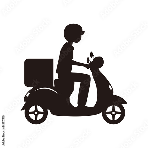 Delivery man riding a black scooter illustration. Food delivery man vector