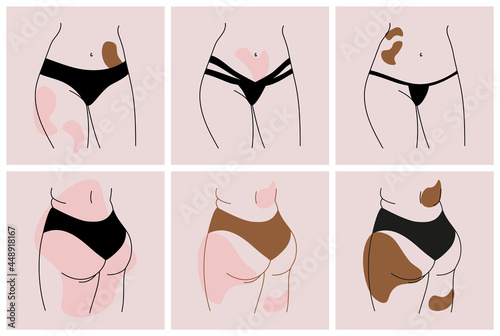Abstract minimalistic female figure in lingerie. Girl in panties and thongs in front and back. The contour of the silhouette of the legs, hips and waist of a woman in underwear. Vector illustration. 