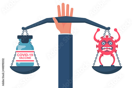 Vaccine or coronavirus. Ampoule with a coronavirus vaccine and bacterium on scales. Choice of health or illness. Vector illustration flat design. Isolated on white background. Covid-19 concept.