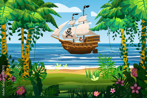 Pirate ship under sail in ocean. Tropical Island, tropical, palms, floral, plants. Sea landscape coast, beach, sand, adventure, game. Vector illustration